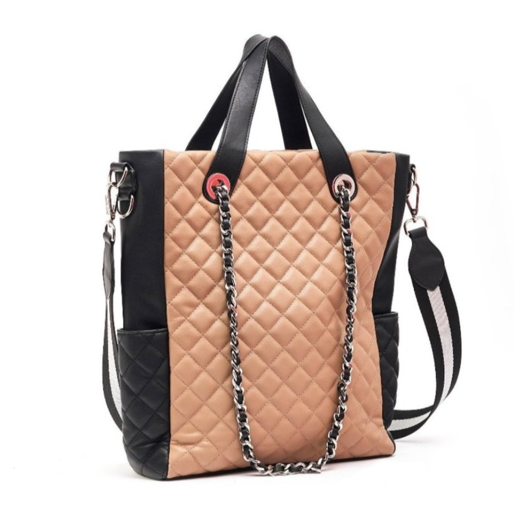 Elegant Quilted Tan and Black Tote Bag *Final Sale*